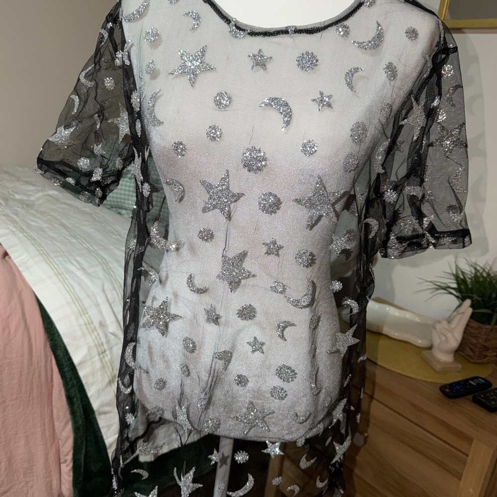 Motel Rocks Black Mesh Top with Silver Stars and Moons